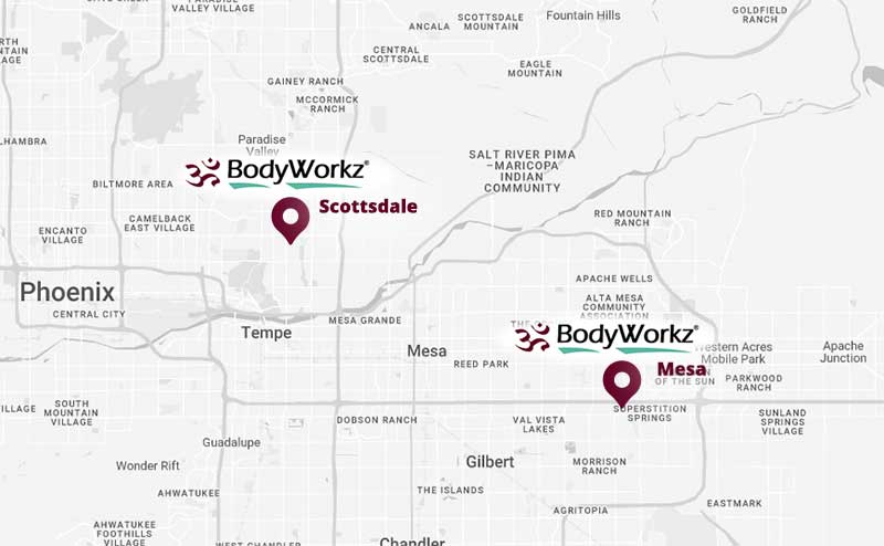 Map showing BodyWorkz locations in Scottsdale and Mesa